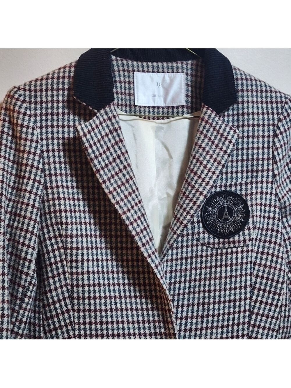 Vintage U blazer houndstooth blazer jacket color burgundy and cream size 38/xs - Picture 5 of 6